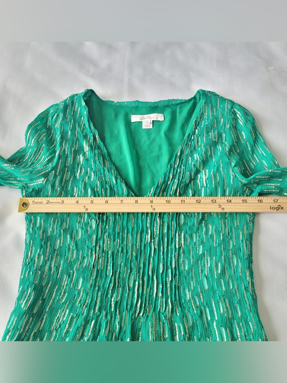 ✅ Lilly Pulitzer Cleme Long Sleeve Top Fiddle Leaf Green Mystical Metallic sz 14 - Picture 5 of 11